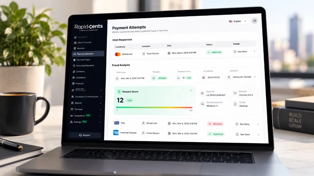 RapidCents fraud prevention: Payment Attempts dashboard RapidCents Payment Attempts screen with a fraud analysis showing a low suspect score of 12.