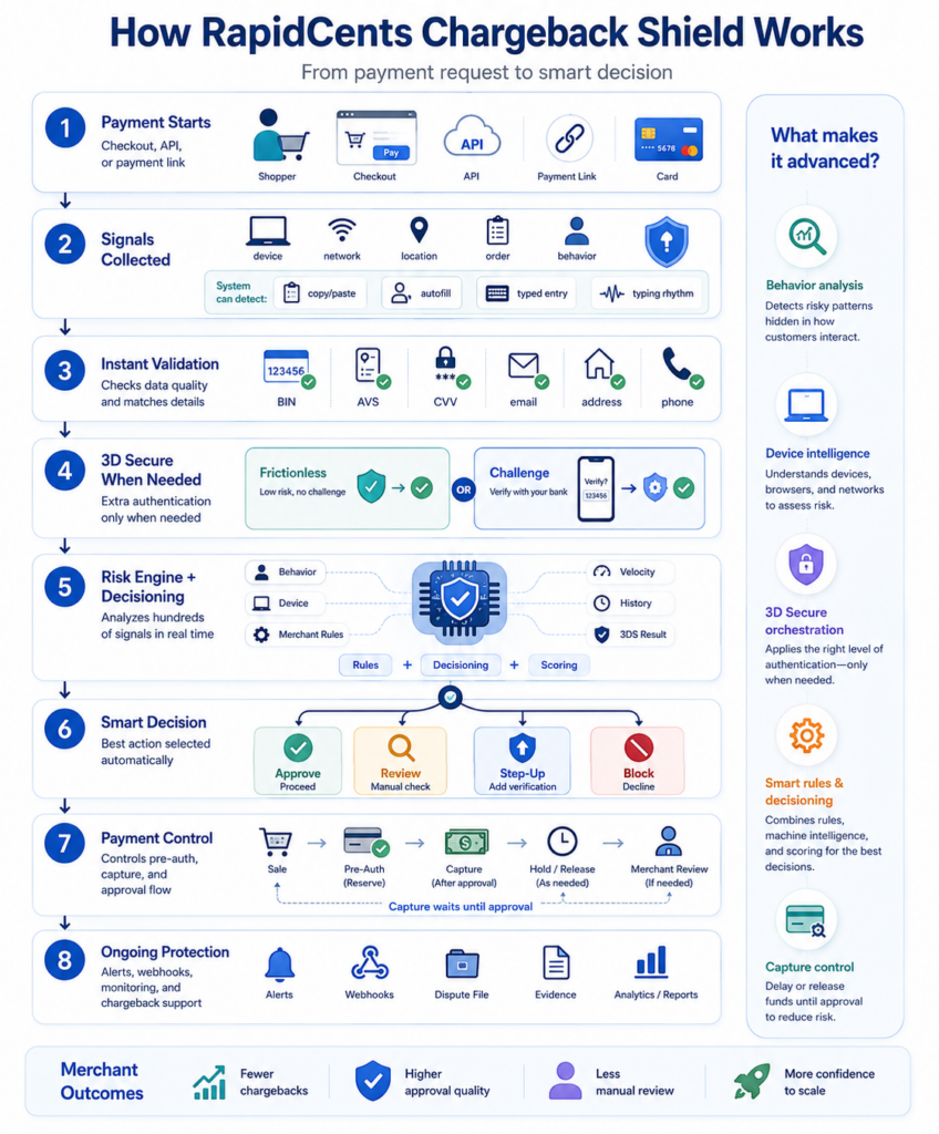 Advanced chargeback protection built into your payment flow.